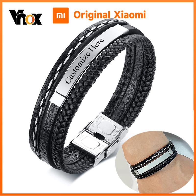 Xiaomi Vnox Персонализированные Многослойные Кожаные Браслеты с Гравировкой Логотипа, Имени, Цитаты для Мужчин, Браслет-Браслет из Нержавеющей Стали с ID, Подарок Папе, Отцу