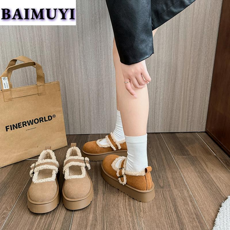 Меховые туфли на платформе из хлопка, женские туфли на плоской подошве, замшевые повседневные туфли Мэри Джейн, платье в стиле Лолиты, уютное зимнее трендовое плюшевое теплое ботильоны для женщин 2025 года