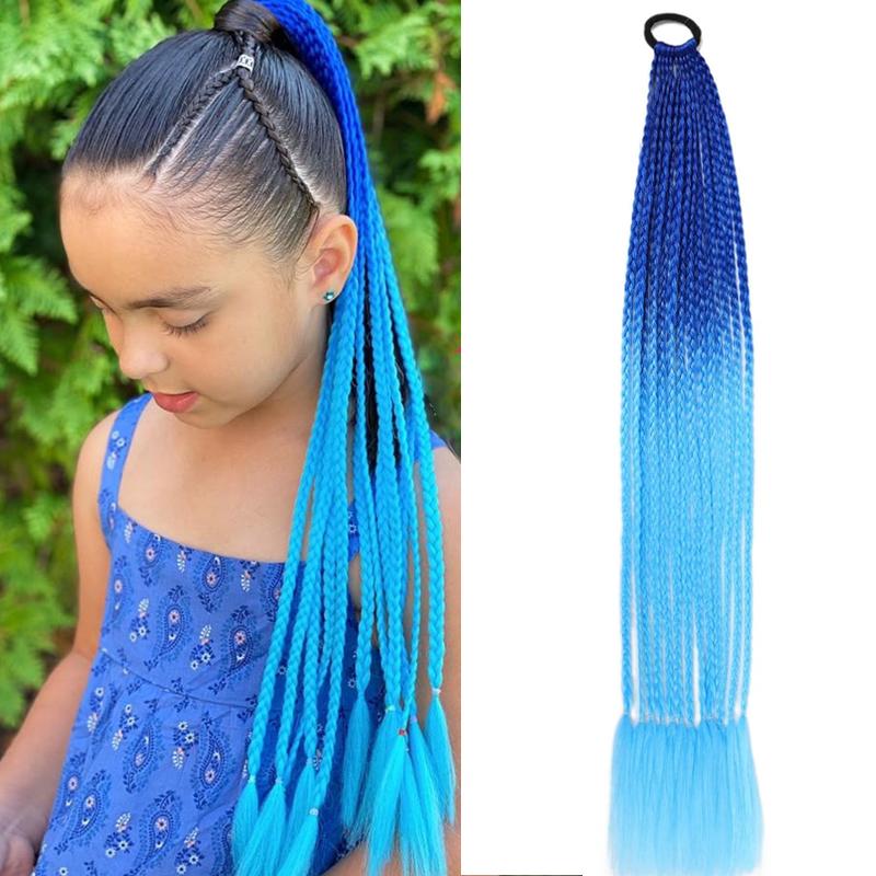 Косы-хвосты 24 дюйма Разноцветные Box Braids с резинками Синтетические накладки для волос для девочек Женские аксессуары День сумасшедших причесок