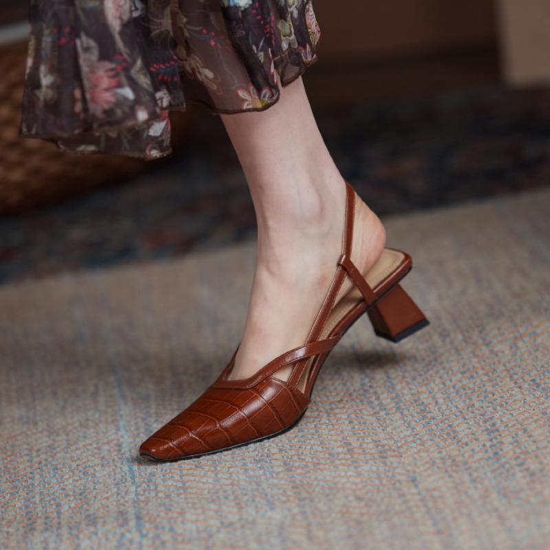 Мода 2025 Весна Лето Женские Сандалии Элегантные Лаконичные Офисные Леди Квадратный Носок Высокий Каблук Обувь из Натуральной Кожи Женские Туфли-Лодочки Сандалии
