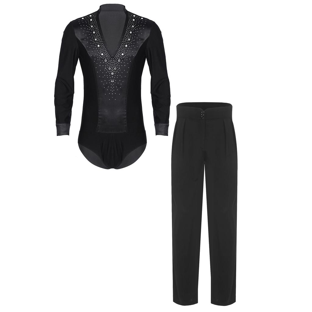 Mens Latin Dance Outfit V Neck Long Sleeve Rhinestone Bodysuit Satiny High Waist Straight Long Pants