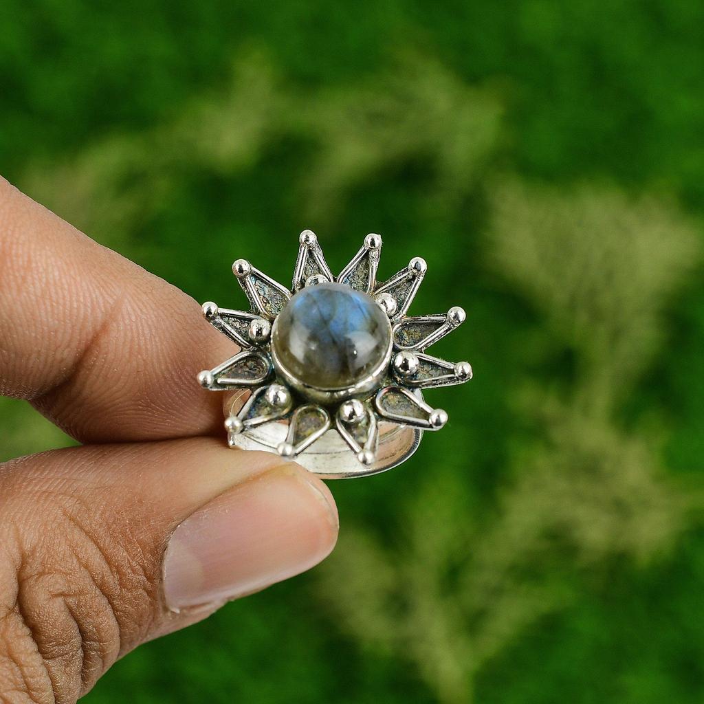 Womens Day Sale Natural Labradorite 925 Silver Stackable Daughter Flower Ring