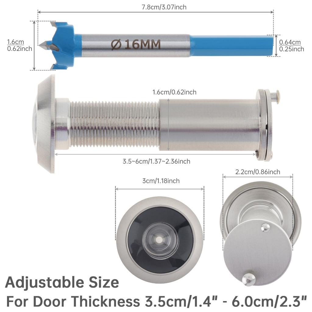 Solid Brass 16mm Door Peephole 200 Degree HD Lens Privacy Cover Heavy Duty Includes Drill Bit Universal 35-60mm Solid Wood Door