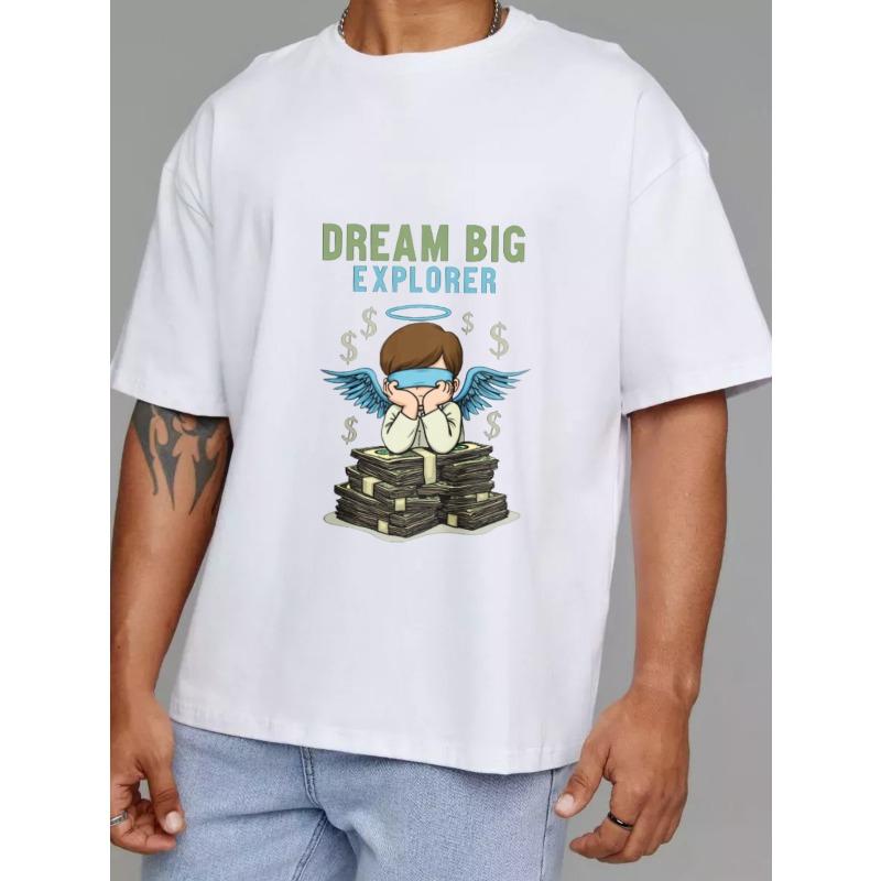 Белая футболка с круглым вырезом Dream Big Explorer Angel с принтом стопки денег для повседневной носки и уличного стиля