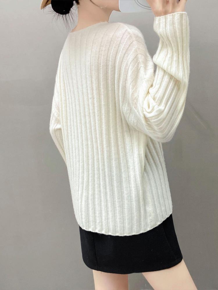 Cashmere Women's One-Shoulder Ribbed Loose Knit Sweater - 2025 Autumn/Winter Collection