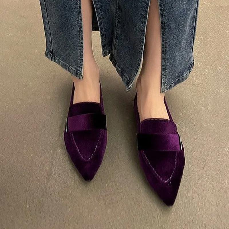 Женские Роскошные Бархатные Мокасины Модные Лоферы с Острым Носом Весенние Фиолетовые Велюровые Балетки