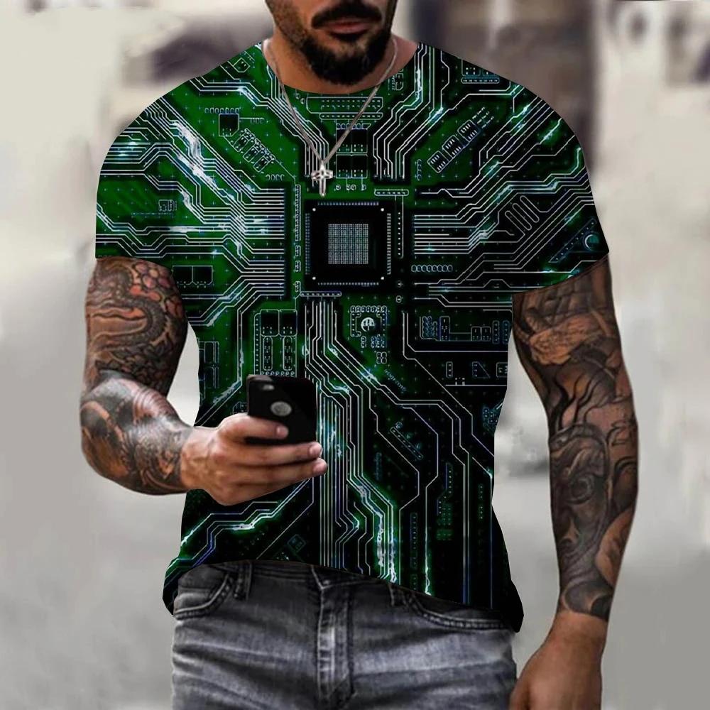2024 Newest Circuit Board Pattern 3D Print Summer Men's T-shirt Creative Casual Electronic Chip Short Sleeve Harajuku Street Top