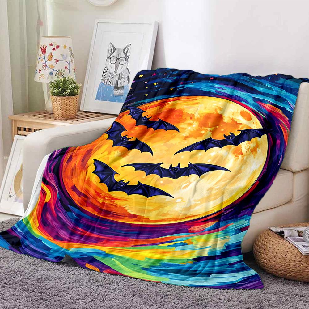 1pc Moon Bats Print Blanket Lightweight Flannel Throw Blanket For Sofa, Bed, Living Room, Office, Outdoor Travel, Camping