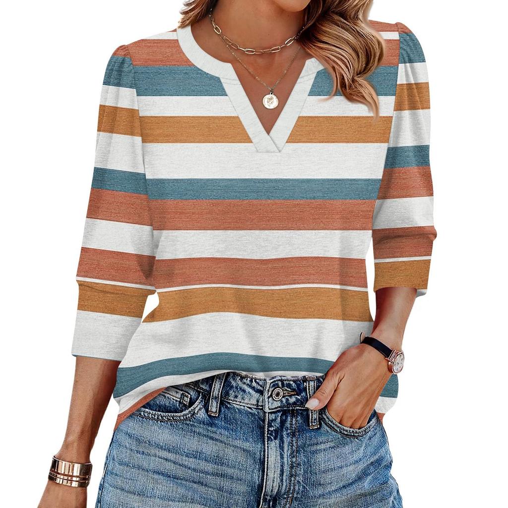 Women's Fashion Casual 3/4 Sleeve Print Shirt Women's V-Neck Tops