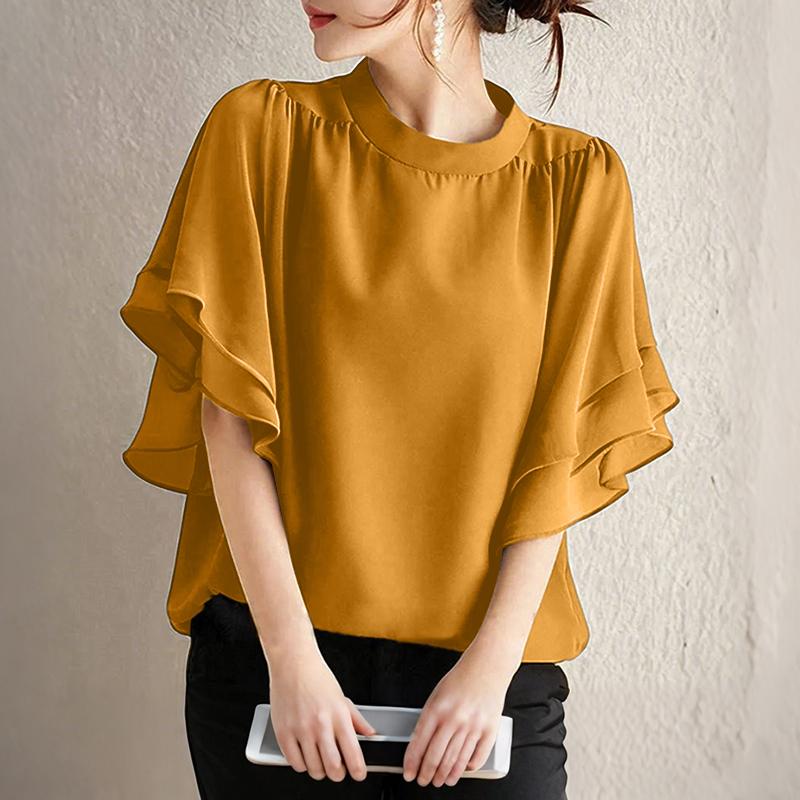 ZANZEA Women Casual Round Neck Loose Summer Ruffles Short Sleeve Blouse