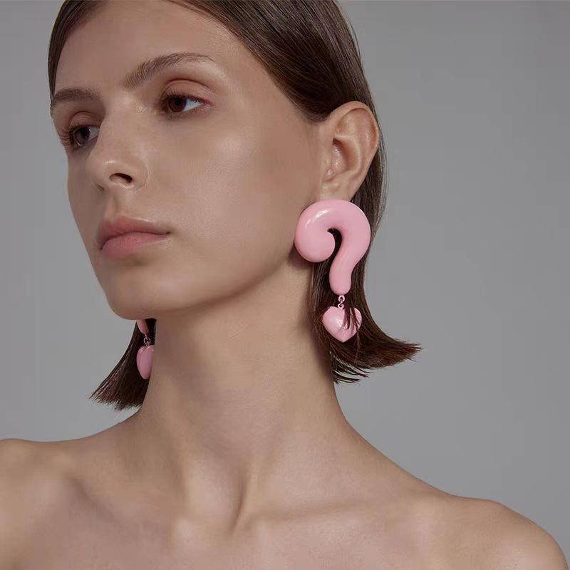Bold And Chic Red Heart Shape Earrings With Unique Question Mark Design For Trendy Fashionistas