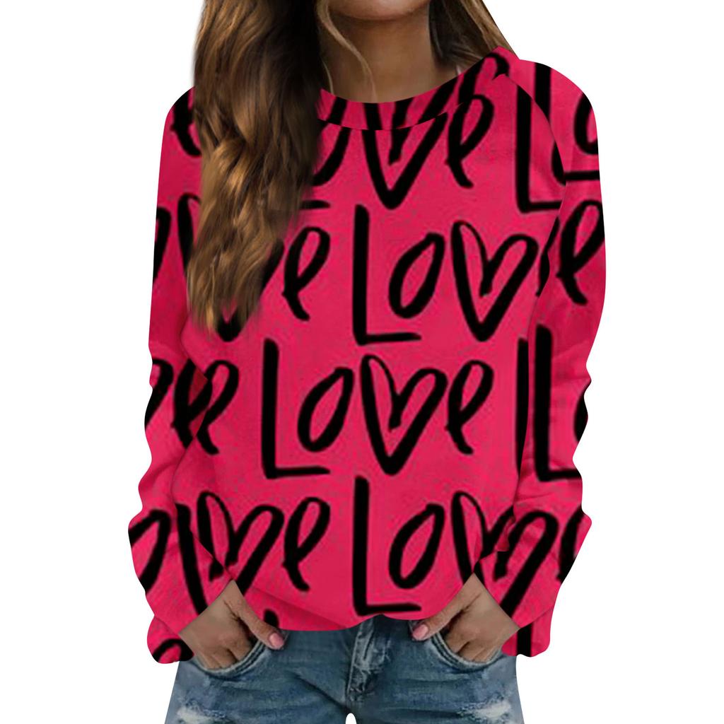 Женская модная повседневная толстовка с длинным рукавом и принтом на День святого Валентина и круглым вырезом