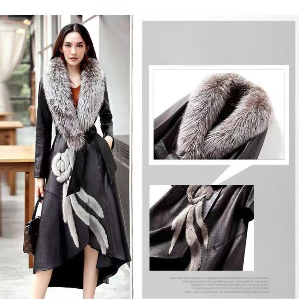 Новый женский длинный корейский меховой тренчкот Haining Leather длиной до колена