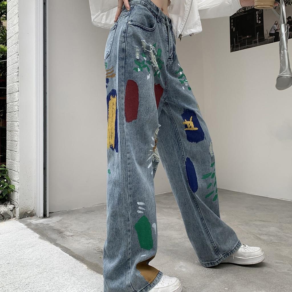 High Street Vintage Color Print Loose Jeans Women 2000s Y2k Straight Casual Wide Leg Pants Ladies Fashion Design Retro Baggy Trousers