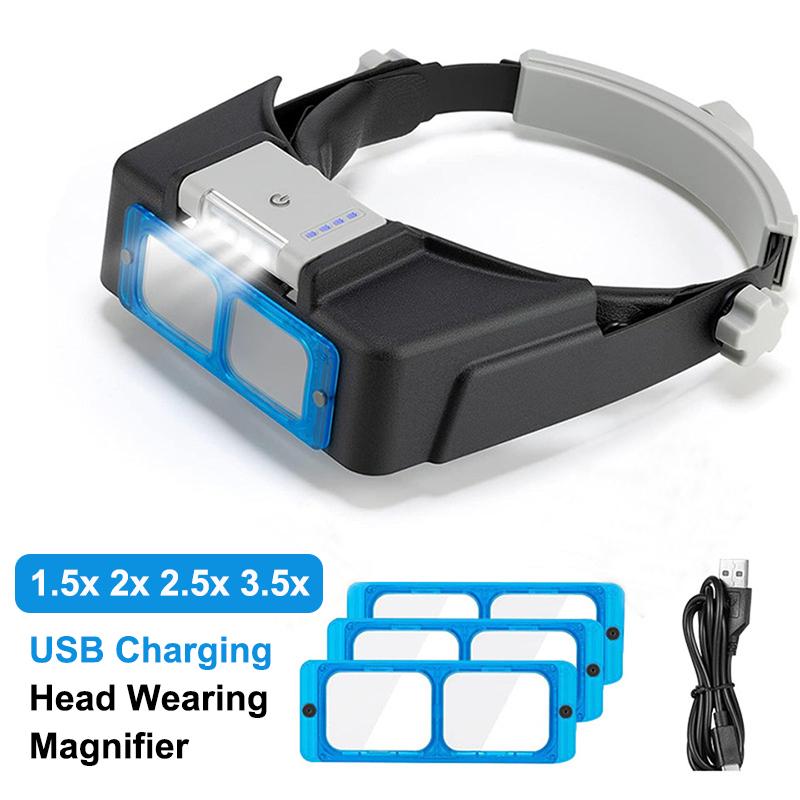 USB-зарядка Профессиональная лупа-очки 1,5x 2x 2,5x 3,5x Лупа для глаз 4 линзы Лупа с подсветкой для ремонта часов ювелирных изделий