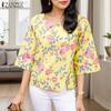 Women Casual Round Neck 3/4 Sleeve Split Hem Flora Printed Blouse