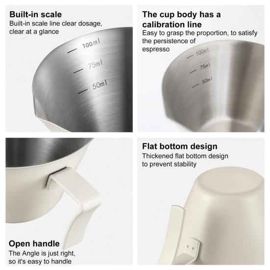 Мерные чашки для эспрессо, 100 мл, кофейная чашка из нержавеющей стали с изогнутой ручкой, V-образный носик, кувшин для заваривания кофе для кофемашины, чашка для молока