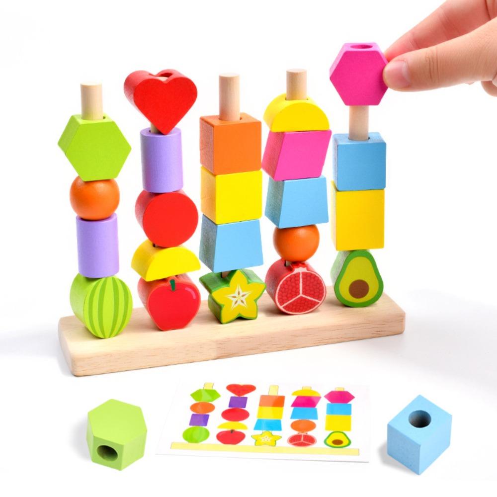 Montessori Color Shape Cognition Toys Fruit Color Shape Wooden Beads Sequencing Toy Boys Girls