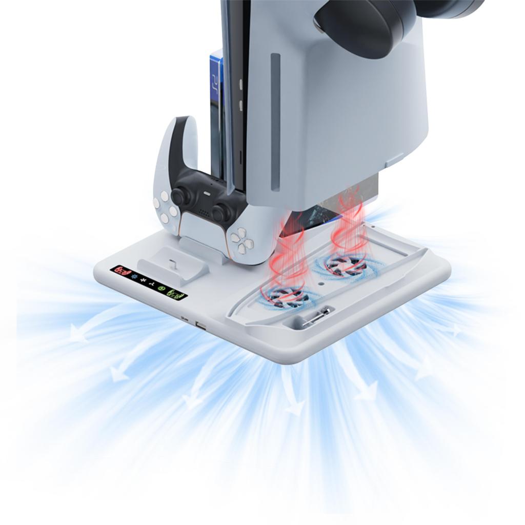 VAORLO Многофункциональная база для отвода тепла для PS5 Slim с двойной зарядкой контроллеров, хранилищем для дисков и подставкой для наушников