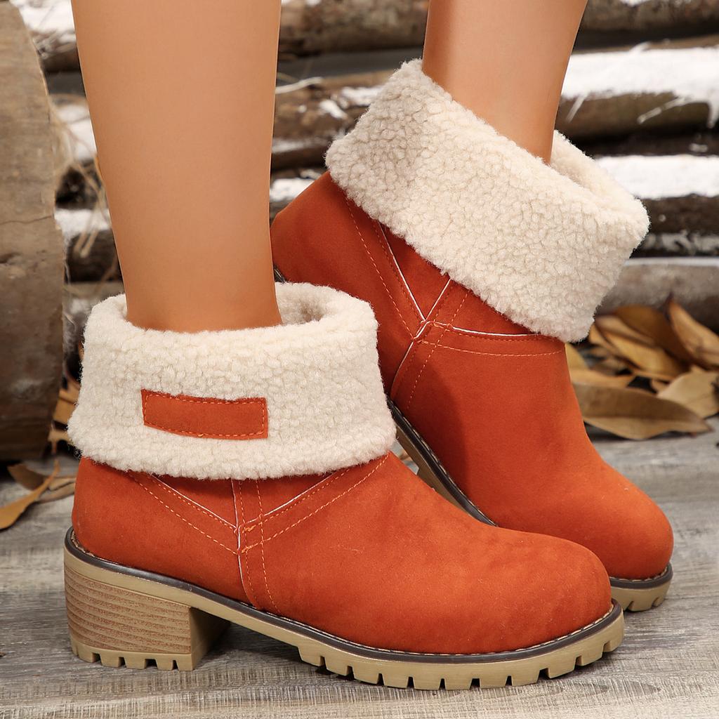 2024 Autumn and Winter European and American Medium Tube Thick Heel Turning Snow Boots Size 43 Foreign Trade Large Size Cotton Boots Women