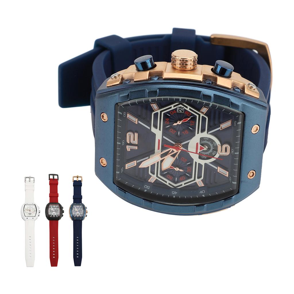 Men Multifunctional Quartz Watch Large Dial Silicone Strap Water Resistant Wristwatch Quartz Watch W