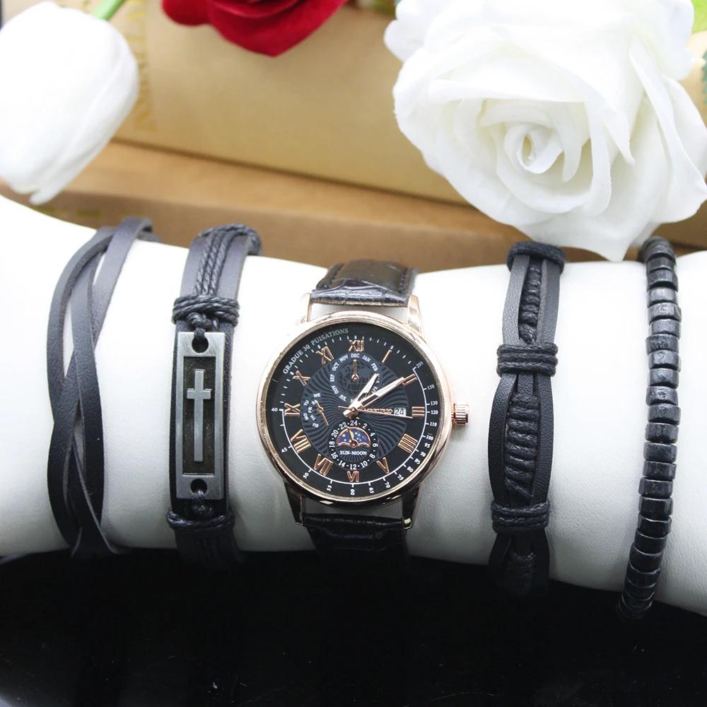 Набор из 5 предметов, роскошные мужские часы, элегантные, с двойным календарем, водонепроницаемые, с браслетом в коробке, спортивные мужские часы для движения