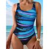 Women's Conservative Open Back One-Piece Swimsuit - U-Neck Gradient Stripes, High Elasticity Slim Fit Machine Washable Swimwear Highelasticity Fabric