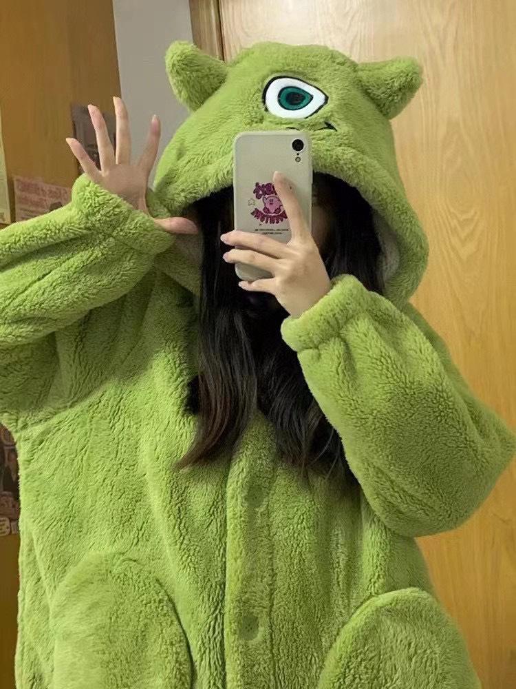 Женский пижамный комплект из кораллового флиса с капюшоном - милая мультяшная ночная рубашка для осени/зимы