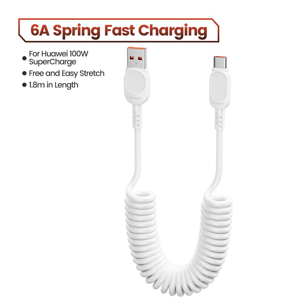 Toocki 6A TPU Spring USB C Cable for Huawei Xiaomi PD Fast Charging Retractable USB to Type C Cable for iPhone 15 USB Data Cord