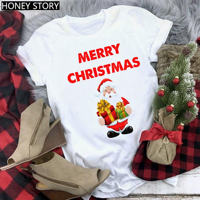 Kawaii Cartoon Merry Christmas Tree Graphics Women T-Shirts 90S Summer Short Sleeves Loose Round Neck Female Y2K Tops