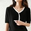 V-neck Splicing Short-sleeved Knitted Sweater Women's Summer Fashion Loose and Thin Versatile Bottoming T-shirt Top