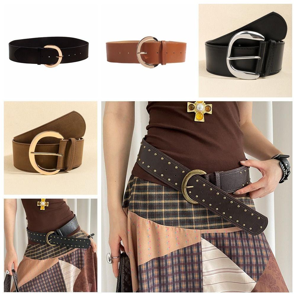 Suede Leather Waistband Rivet Western Cowboy Belt Adjustable Women Wide Belt Pants Accessories
