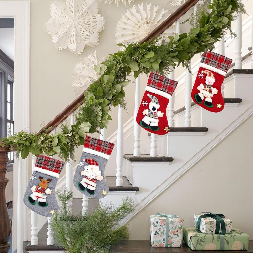 4pcs 3D Doll Christmas Stockings Set Cute Santa Claus, Snowman, Deer, Bear Design Gift Bag Candy Socks Christmas Decorations