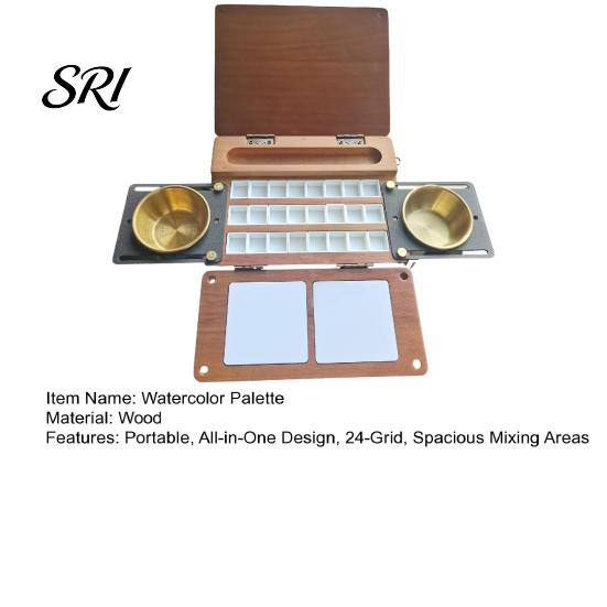 Beginner Watercolor Kit 24-Grid Palette Box, Travel Paint with Brush Cup Holders, Box Two Mixing Areas, Wooden Portable Paintbox for Painting Outdoor