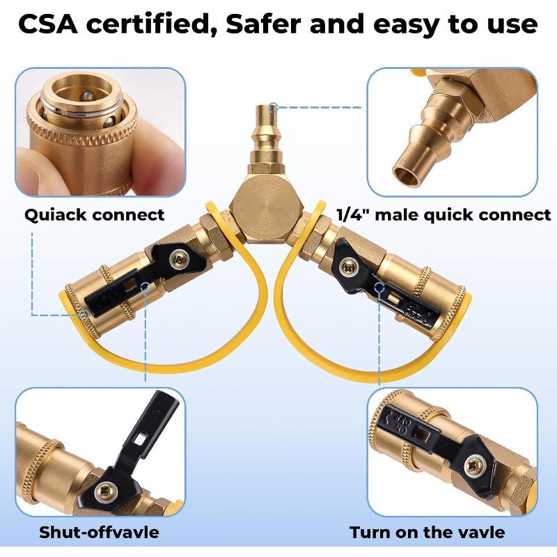 1/4" RV Propane Quick Connect Y Splitter for RV, Camping Stoves, BBQ Grills, Gas Burners and More, 2 Way LP Gas Adapter with 1/4" Quick Disconnect