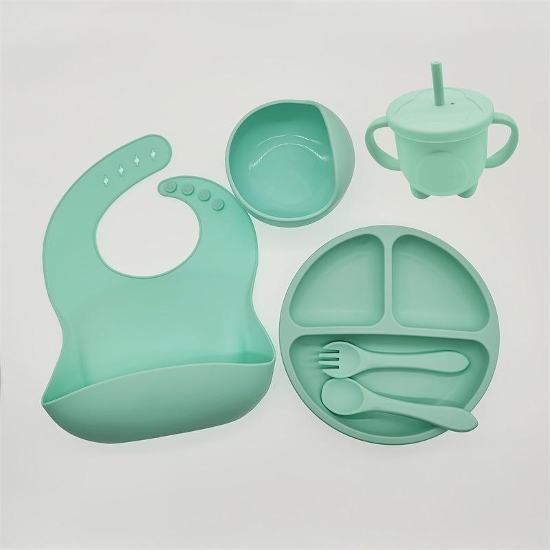 Children's Dishes Set Baby Silicone Tableware 6PCS Set Sucker Bowl Bib Cup Fork Spoon Set Maternal and Infant Supplies BPA Free