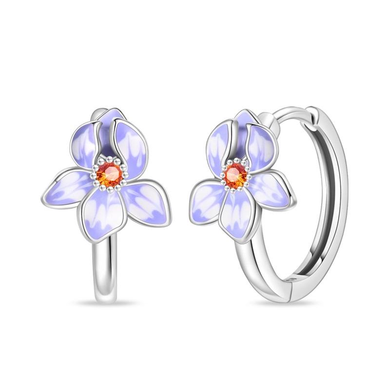 Original 925 Sterling Silver Purple Flower Owl Earrings Women 2025 Zircon Ear Studs Sparkling Pave Hoop Earring Jewelry Gift