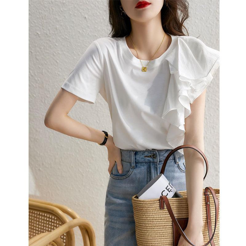 Нерегулярные оборки по краю, милый топ, темперамент, нишевый дизайн, футболка, женская летняя, простая, с круглым вырезом