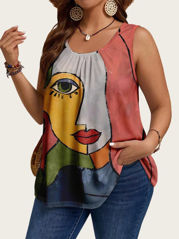 Трендовый женский топ без рукавов большого размера с джинсовым принтом - Европейская и американская летняя мода 2025