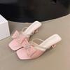 Fashion Water Diamond Bow Women's Shoes 2025 Summer New Large Square Head Thin Heel Fashion High Heels Casual Women's Pink Sandals