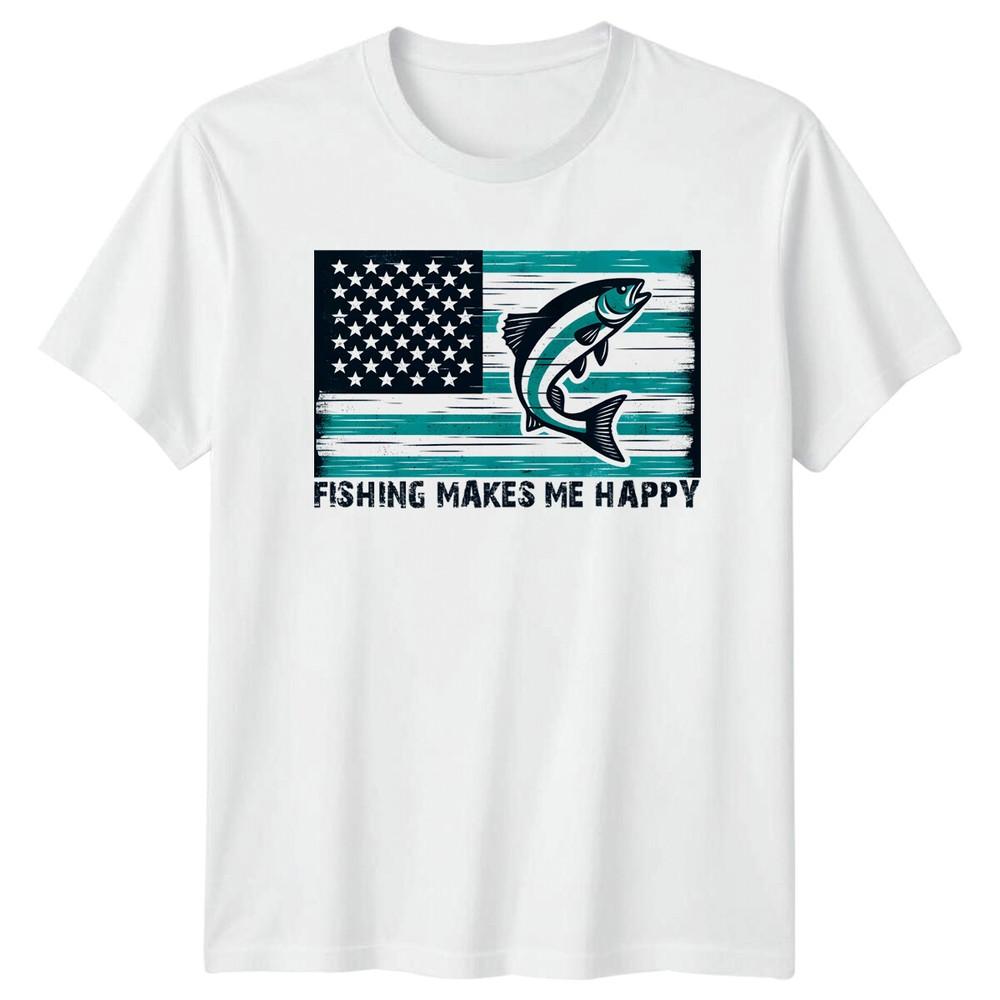 Fishing Makes Me Happy American Flag Fish Graphic TShirt