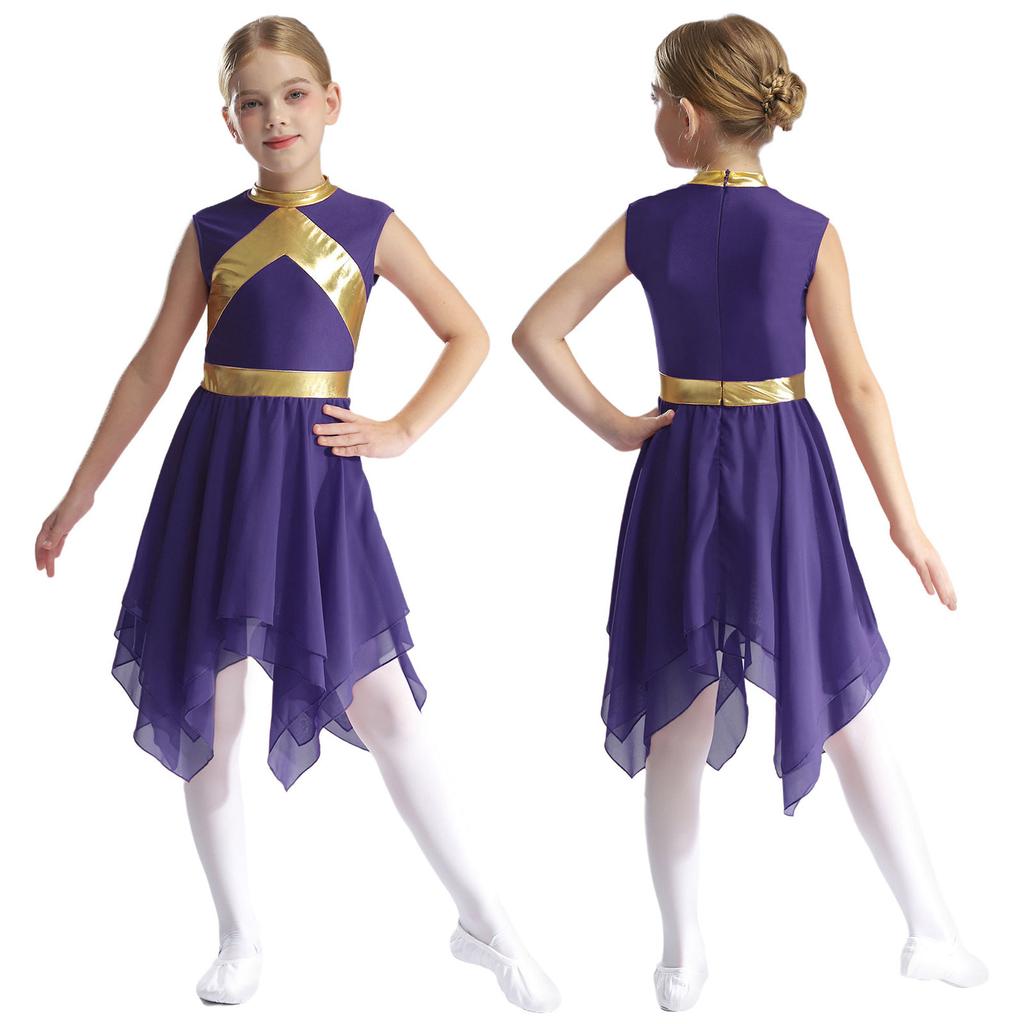 Детское платье для хвалы, металлический контрастный цвет, пэчворк, без рукавов, асимметричный подол, литургический костюм