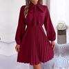 Элегантное осенне-зимнее женское платье на шнуровке с высокой талией, длинным рукавом и плиссировкой, однотонное