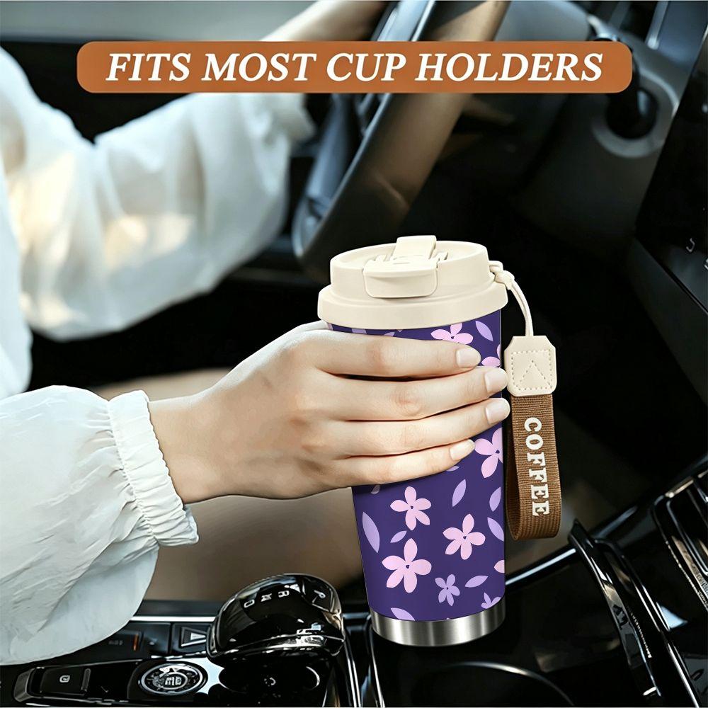 Cute Purple Floral Print Stainless Steel Insulated Coffee Tumbler Vacuum Travel Mug Reusable Cup for Office School Gift Idea