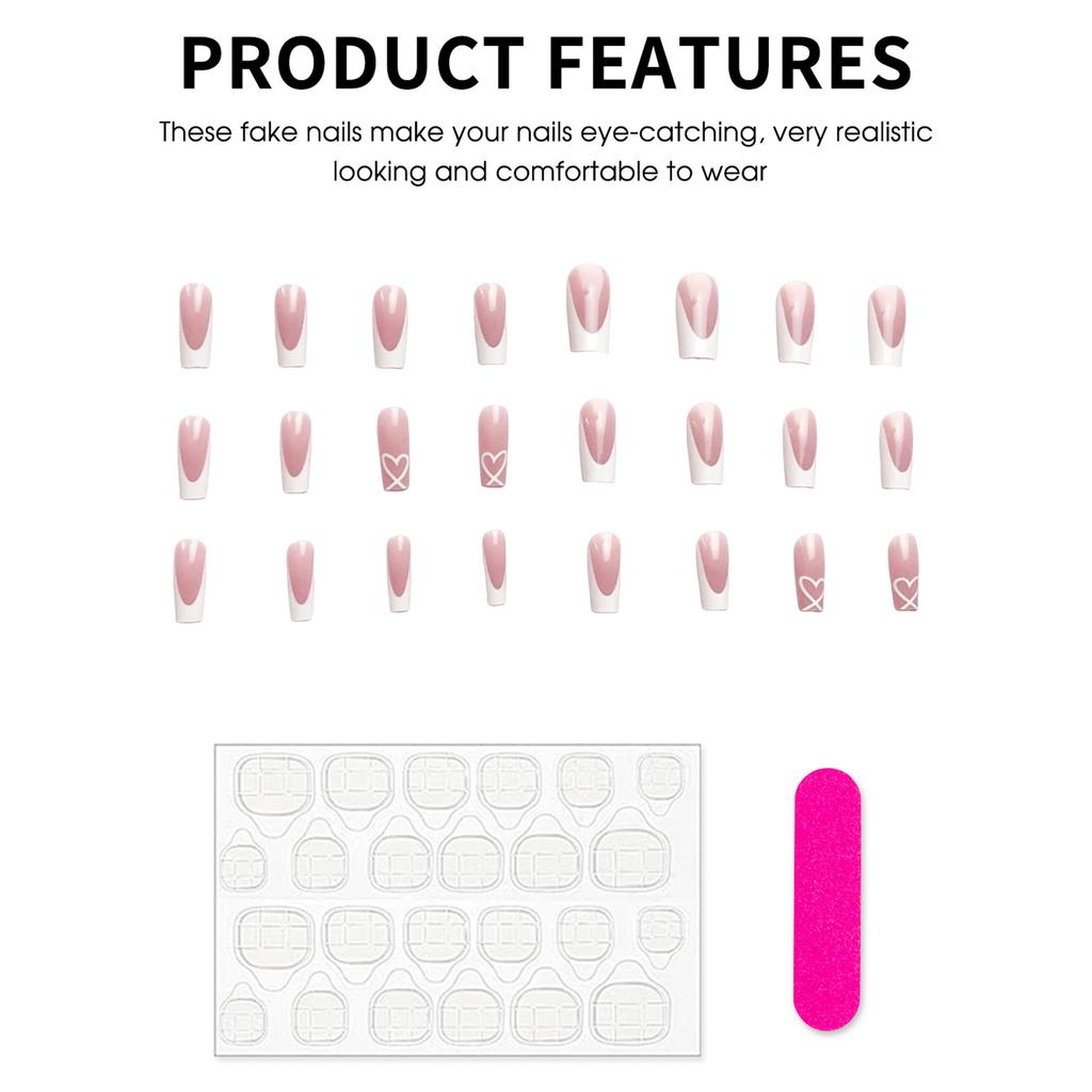 Pink Fake Nails with French White Tip Natural Unbreakable Nail Simple Wear for Daily and Parties Wearing