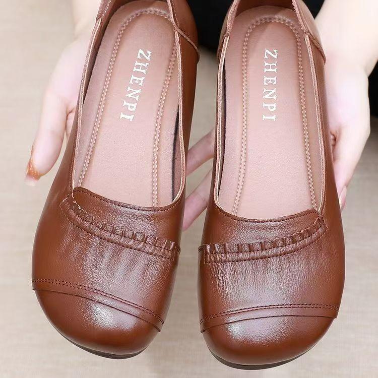 Мягкие кожаные туфли для мам на весну и осень, повседневные туфли на плоской подошве для среднего и пожилого возраста, легкие и универсальные, нескользящие, из говяжьих сухожилий, поэтому