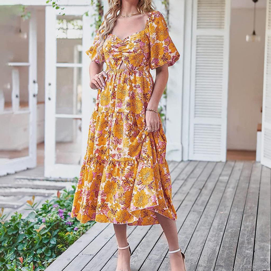 Женское модное платье с квадратным воротником и цветочным принтом, высокой талией, полым пузырем и короткими рукавами, плиссированное платье с принтом сзади