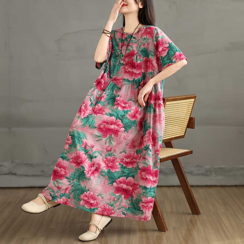 Retro Cotton and Linen Round Neck Short Sleeved Dress, Women's Loose Skirt