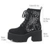 Gdgydh Women's Spider Pattern Chunky Heel Boots Fashion Lace Up Side Zipper Stylish Punk Style Boots Platform Heels