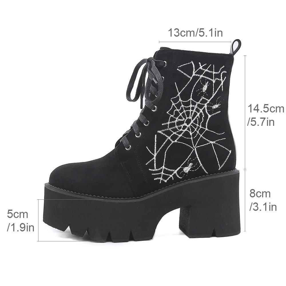 Gdgydh Women's Spider Pattern Chunky Heel Boots Fashion Lace Up Side Zipper Stylish Punk Style Boots Platform Heels
